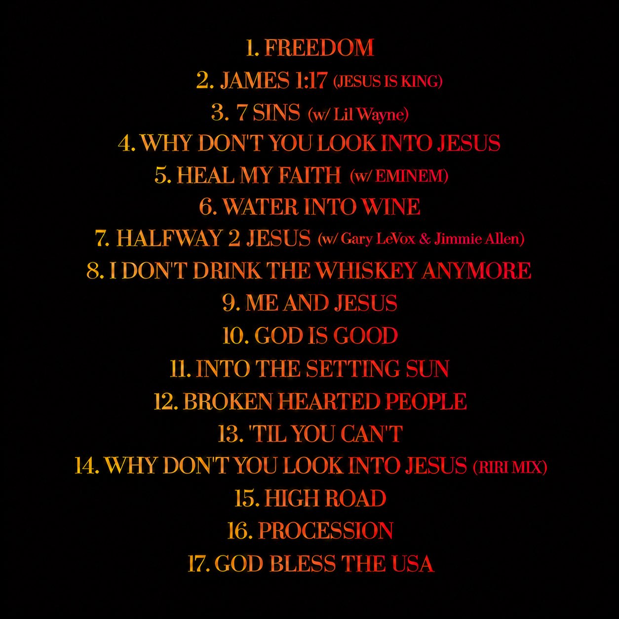 Updated tracklist for Kid Rock’s new album, including “7 Sins” with Lil Wayne and “Heal My Faith” featuring Eminem